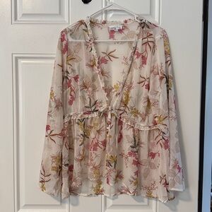 Sheer Floral Cardigan with Bell Sleeves by Grace & Lace